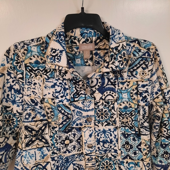 Chico's Size 2 Button Up Blazer Jacket Blue White Medallion 3/4 Sleeve Sz L Arts - Picture 4 of 14